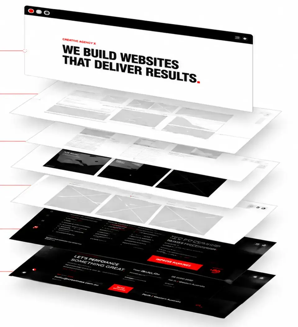 Exploded website interface layers representing strategy, UX, design, development, search and conversion
